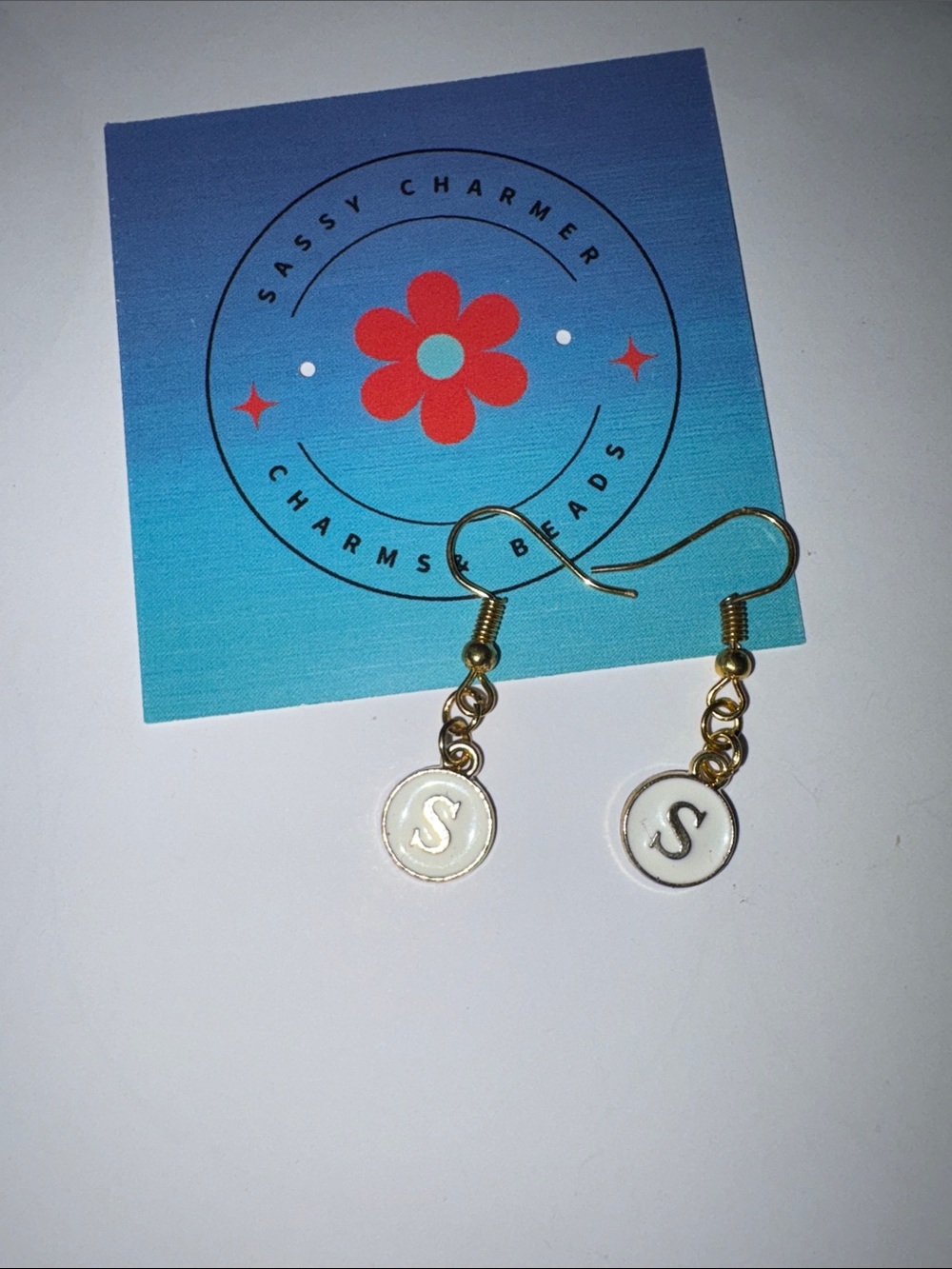 Gold & White Initial 'S' Dangle Earrings by Sassy Charmer